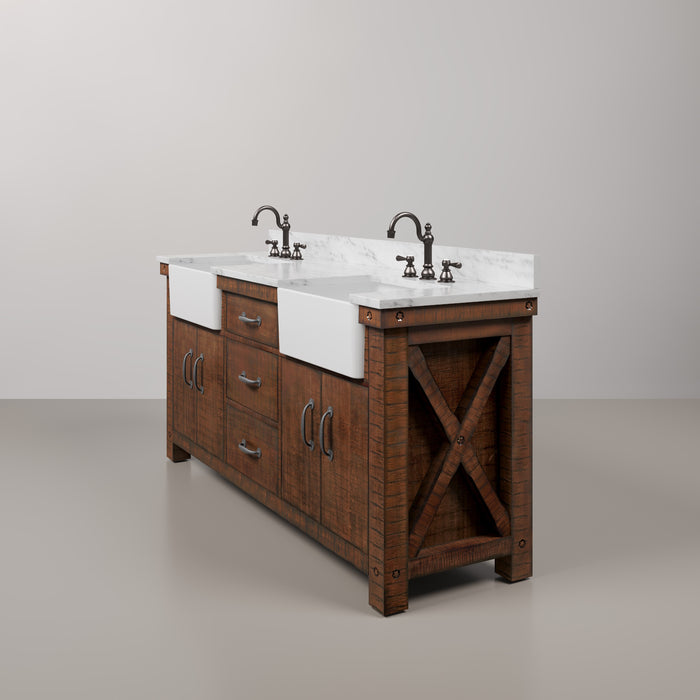 72-Inch Rustic Sienna Privy Bathroom Vanity Set - Double Sink Carrara Marble Top with Rectangular Mirrors