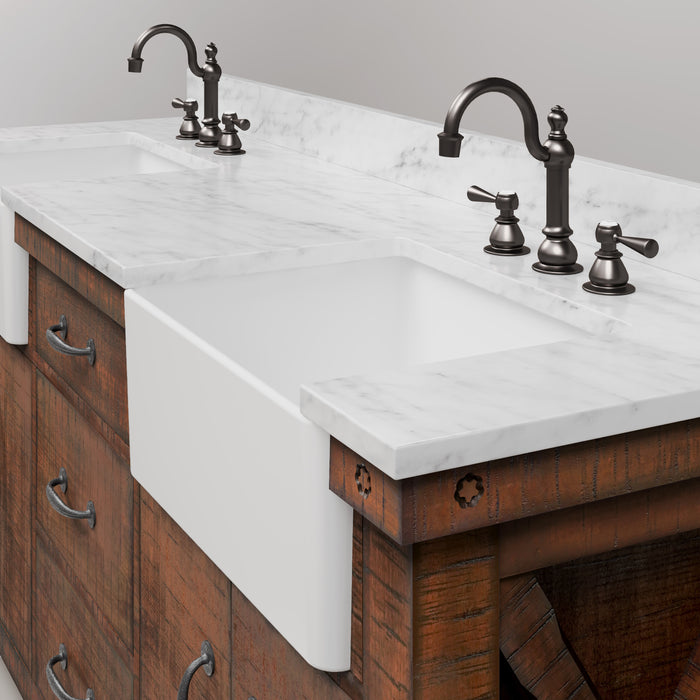 72-Inch Rustic Sienna Privy Bathroom Vanity Set - Double Sink Carrara Marble Top with Rectangular Mirrors