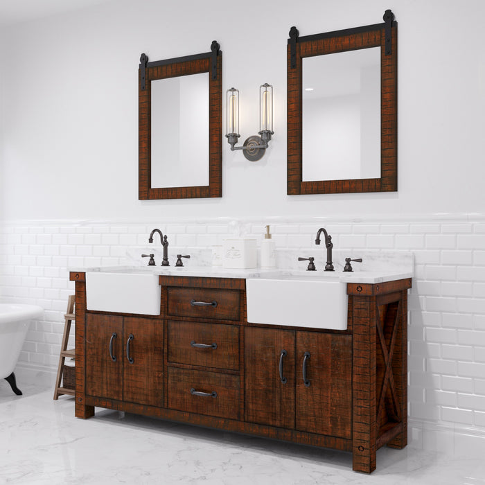 72 Inch Caymand Double Sink Carrara White Marble Countertop Vanity in Rustic Sienna with Barn Door Style Mirrors