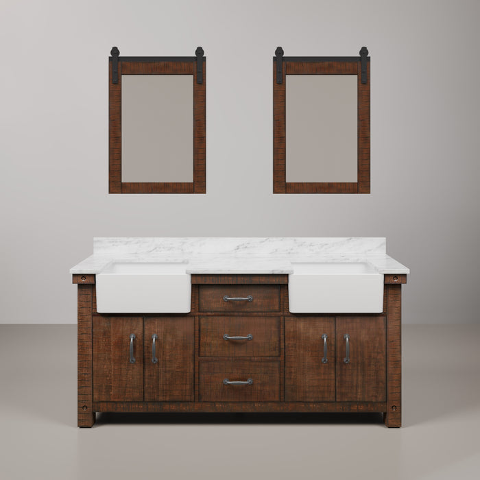 72 Inch Caymand Double Sink Carrara White Marble Countertop Vanity in Rustic Sienna with Barn Door Style Mirrors