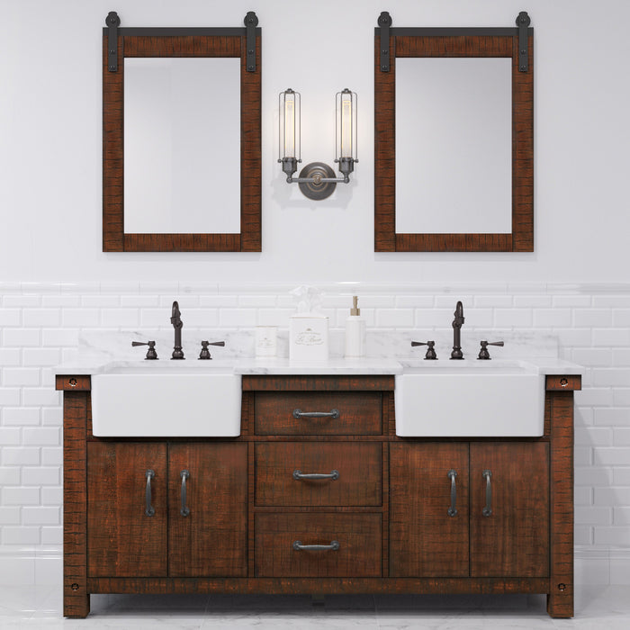 72 Inch Caymand Double Sink Carrara White Marble Countertop Vanity in Rustic Sienna with Barn Door Style Mirrors