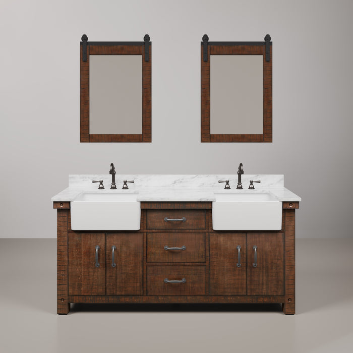 72 Inch Amplify Rustic Sienna Double Vanity - Carrara White Marble Top with Oil Rubbed Bronze Faucets & Mirror