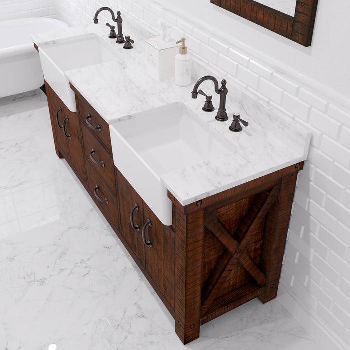 72 Inch Amplify Rustic Sienna Double Vanity - Carrara White Marble Top with Oil Rubbed Bronze Faucets & Mirror