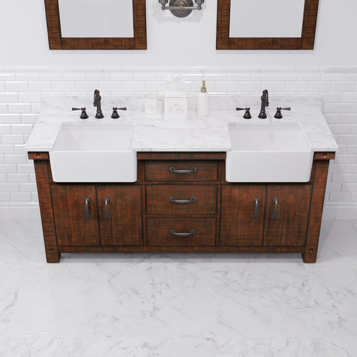 72 Inch Amplify Rustic Sienna Double Vanity - Carrara White Marble Top with Oil Rubbed Bronze Faucets & Mirror