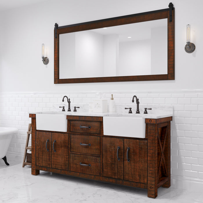 72 Inch Rouse  Double Sink Rustic Sienna Bathroom Vanity - Carrara Marble Countertop with Oil Rubbed Bronze Hook Faucets & Mirror
