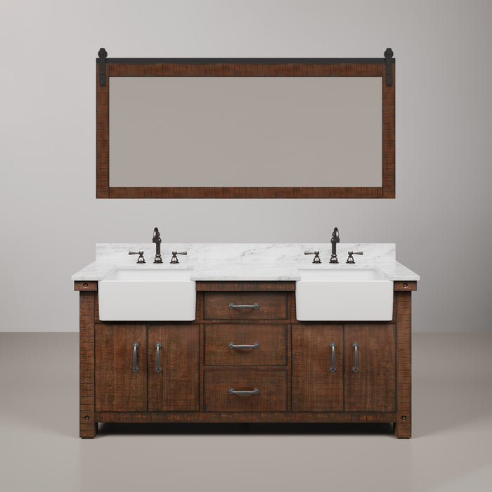 72 Inch Rouse  Double Sink Rustic Sienna Bathroom Vanity - Carrara Marble Countertop with Oil Rubbed Bronze Hook Faucets & Mirror