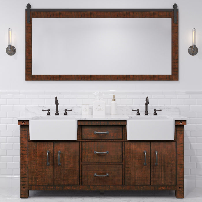 72 Inch Rouse  Double Sink Rustic Sienna Bathroom Vanity - Carrara Marble Countertop with Oil Rubbed Bronze Hook Faucets & Mirror
