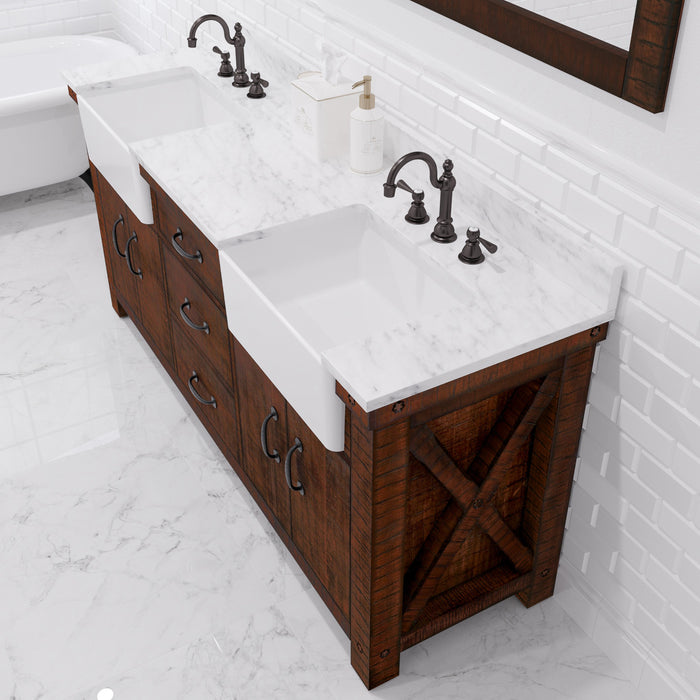 72 Inch Rouse  Double Sink Rustic Sienna Bathroom Vanity - Carrara Marble Countertop with Oil Rubbed Bronze Hook Faucets & Mirror