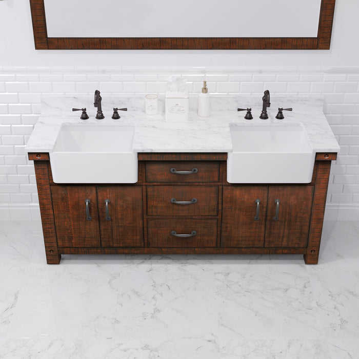 72 Inch Rouse  Double Sink Rustic Sienna Bathroom Vanity - Carrara Marble Countertop with Oil Rubbed Bronze Hook Faucets & Mirror