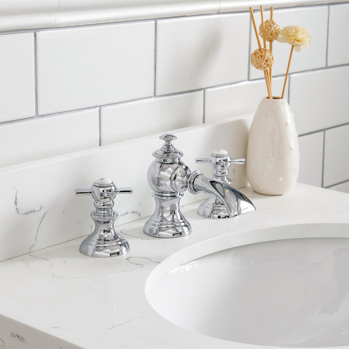 24-Inch Carrara Quartz Bathroom Faye Vanity – Chrome Hardware & Accent Mirror