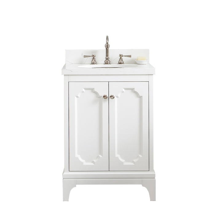 24-Inch Torus Single Sink Vanity – Carrara Quartz Top with Nickel Hardware & Hook Faucet