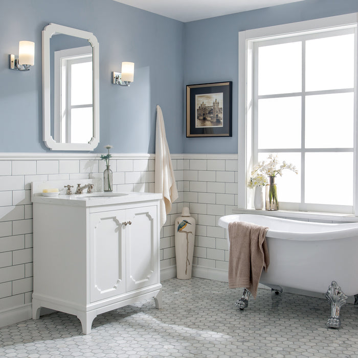 30-Inch White Bath Caprim Vanity – Polished Nickel Hardware & Modern Mirrors