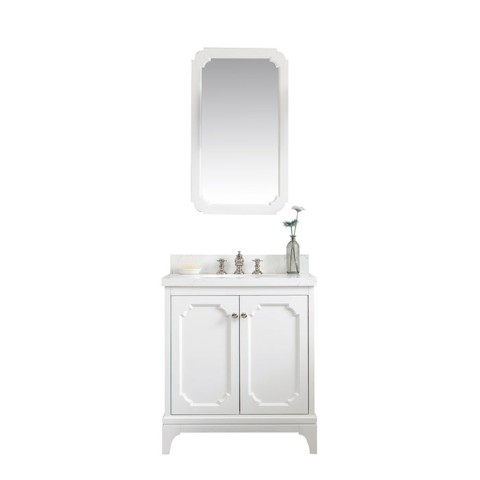 30-Inch Tessa Pure White Vanity – Carrara Quartz Top with Waterfall Tap & Accent Mirror