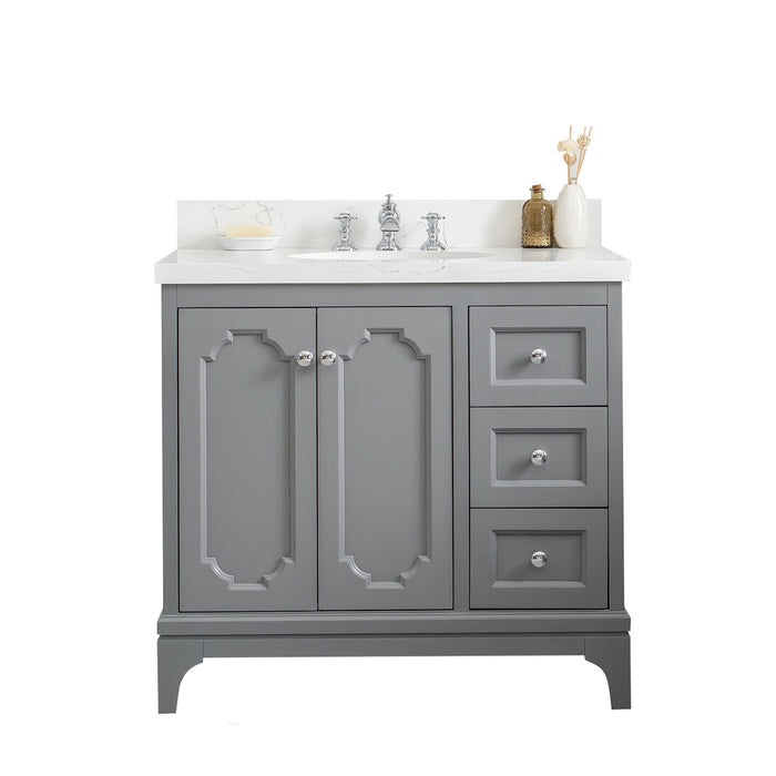 36-Inch Perla Quartz Countertop Vanity – Cashmere Grey Cabinet with Chrome Waterfall Faucet