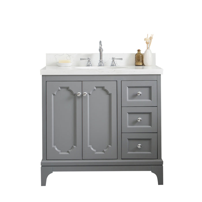 36 Inch Carrara Quartz Riven Bathroom Vanity – Grey Finish with Chrome Accents & Hook Faucet Included