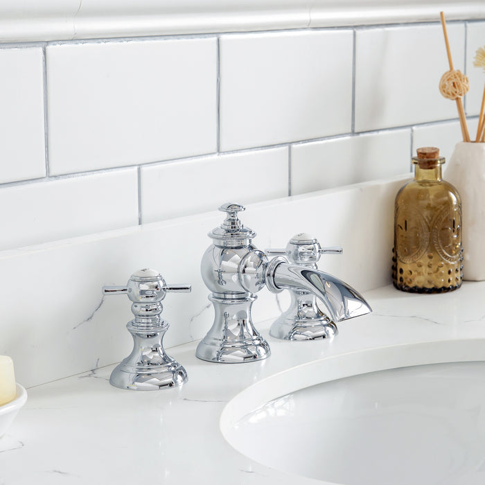 36 Inch Carrara Quartz Farmtead Bathroom Vanity – Cashmere Grey with Chrome Waterfall Faucet & Mirror