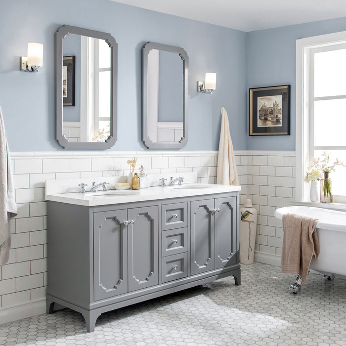60-Inch Abacus Double Sink Bathroom Vanity Carrara Quartz Top Cashmere Grey Chrome Hardware & Mirror