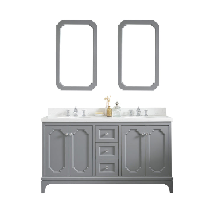 60-Inch Jordana Carrara Quartz Double Sink Bathroom Vanity - Cashmere Grey with Chrome Hardware with Waterfall Faucets & Mirrors