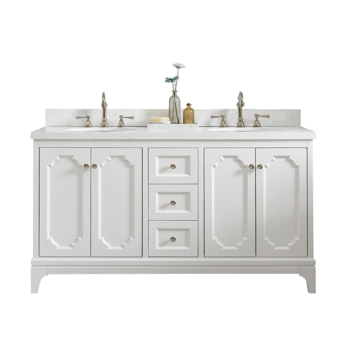 60 Inch Talia Double Sink Vanity - Carrara White Quartz Countertop, Pure White Finish with Polished Nickel Hardware