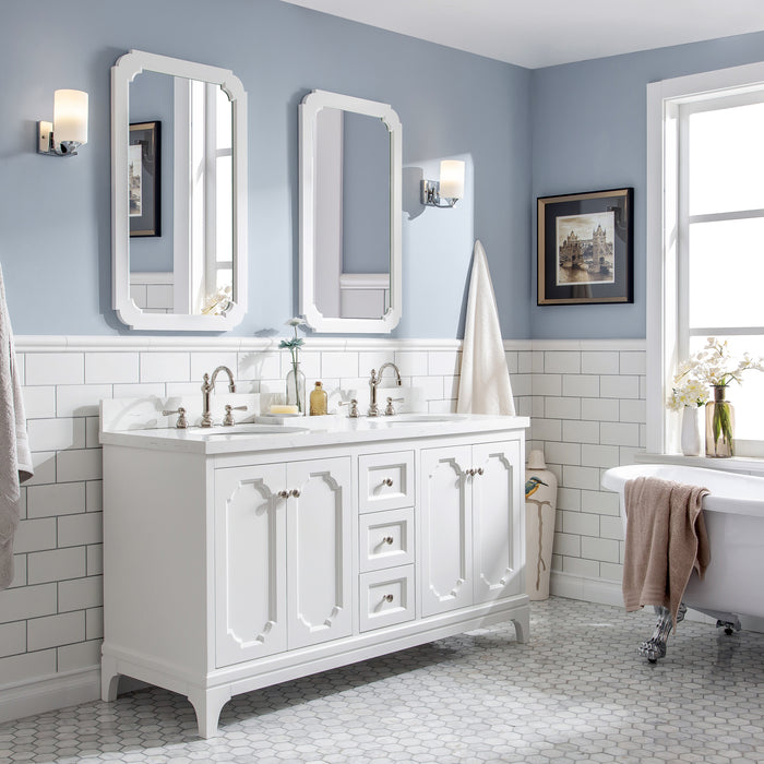60-Inch Carrara Quartz Countertop Truett Double Undermount Sink Vanity - Pure White Hardwood with Hook Faucets & Accent Mirrors