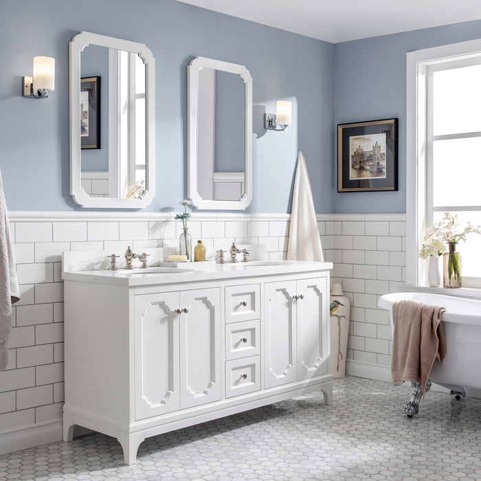 60-Inch Argos Double Sink Bathroom Vanity Set Carrara Quartz Pure White Soft Close Waterfall Faucets Mirror Included