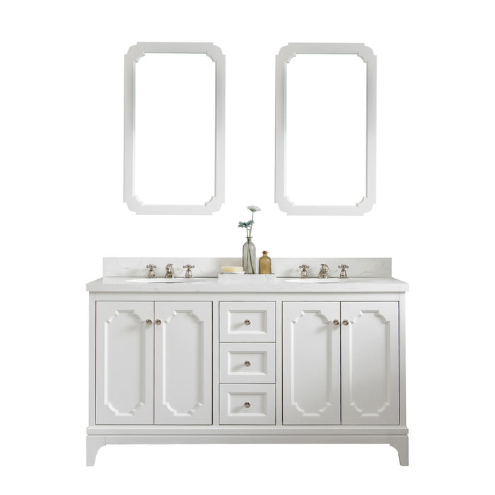 60 Inch Wynn Double Sink Carrara Quartz Vanity Cabinet Pure White Hardwood with Soft-Close Drawers Polished Nickel & Mirrors