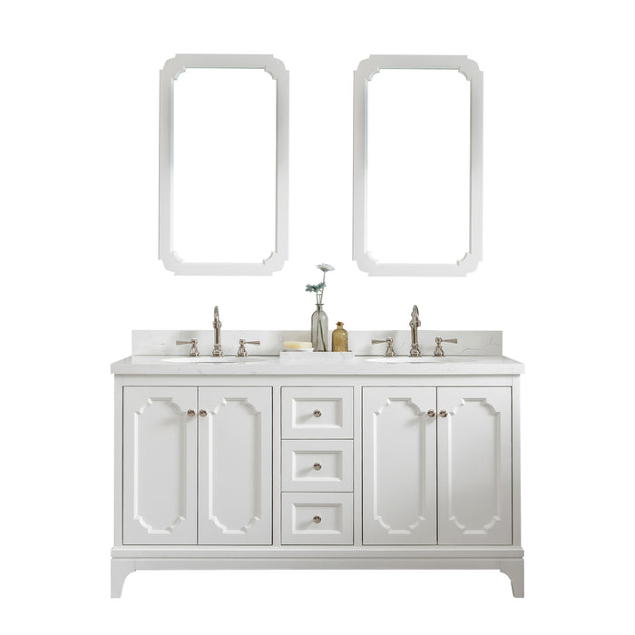 60-Inch Carrara Quartz Countertop Truett Double Undermount Sink Vanity - Pure White Hardwood with Hook Faucets & Accent Mirrors