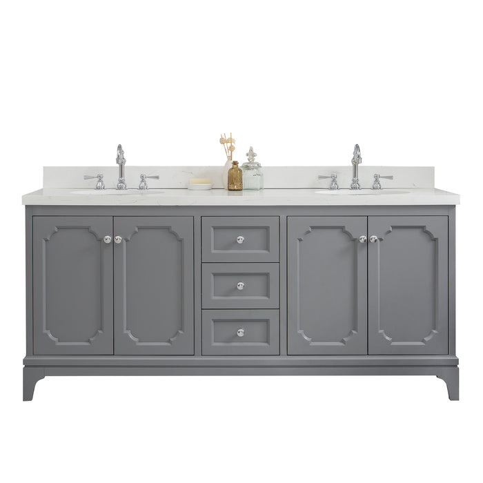 72-Inch Orla Carrara Quartz Double Sink Bathroom Vanity Cashmere Grey Chrome Hardware