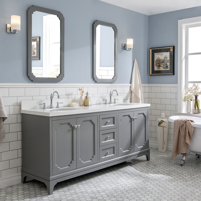 72-Inch Monose Double Sink Carrara Quartz Bathroom Vanity Cashmere Grey Chrome Hardware & Mirror Included