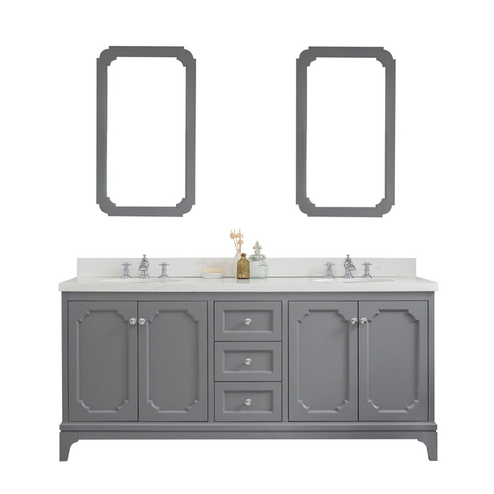 72-Inch Greer Carrara Quartz Double Vanity - Cashmere Grey with Waterfall Faucets & Mirror