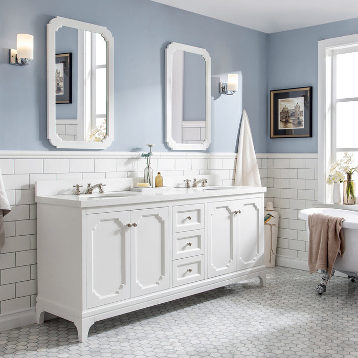 72-Inch Auren Pure White Double Sink Vanity - Carrara Quartz Top with Polished Nickel Hardware & Mirrors