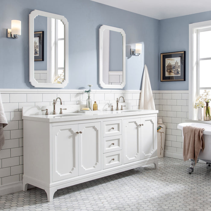 72-Inch Sorrel Carrara Quartz Double Sink Bathroom Vanity Pure White with Polished Nickel Hardware