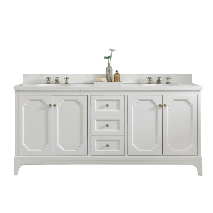 72-Inch Valen Double Sink Carrara Quartz Bathroom Vanity in Pure White with Polished Nickel Hardware