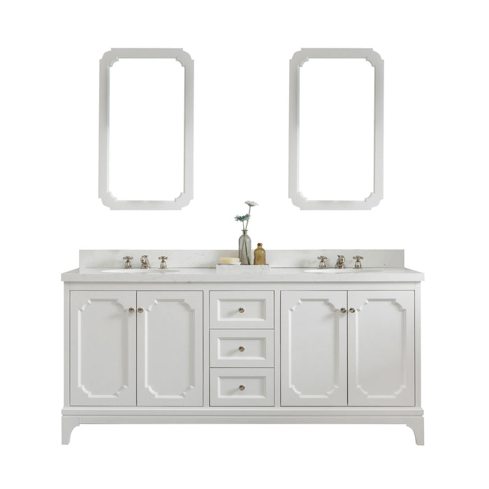 72-Inch Auren Pure White Double Sink Vanity - Carrara Quartz Top with Polished Nickel Hardware & Mirrors