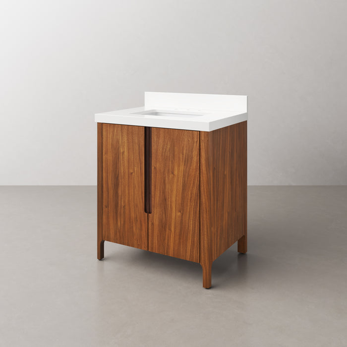 30-Inch Black Walnut Single Sink Vaughn Vanity Freestanding Whitebrook Quartz Countertop Soft-Close Doors