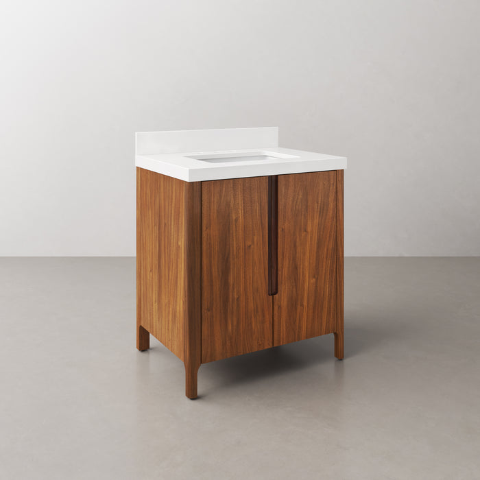 30-Inch Black Walnut Single Sink Vaughn Vanity Freestanding Whitebrook Quartz Countertop Soft-Close Doors