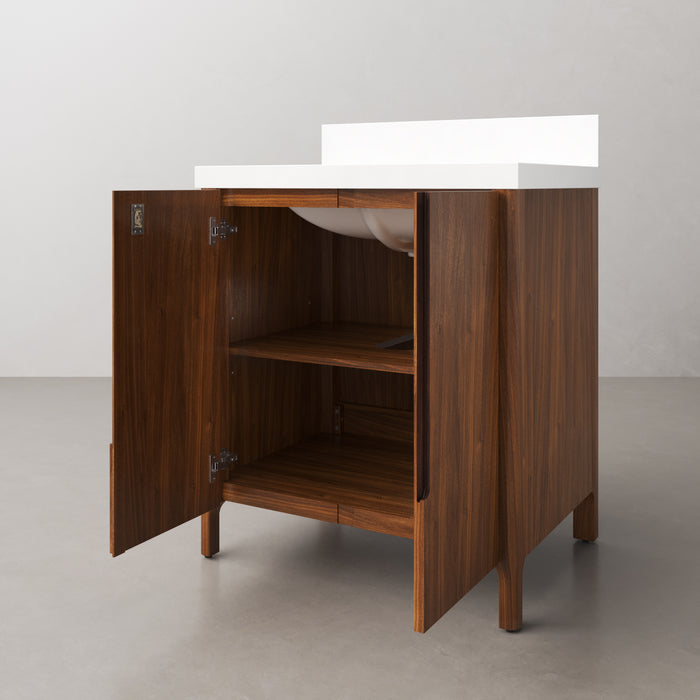 30-Inch Black Walnut Single Sink Vaughn Vanity Freestanding Whitebrook Quartz Countertop Soft-Close Doors