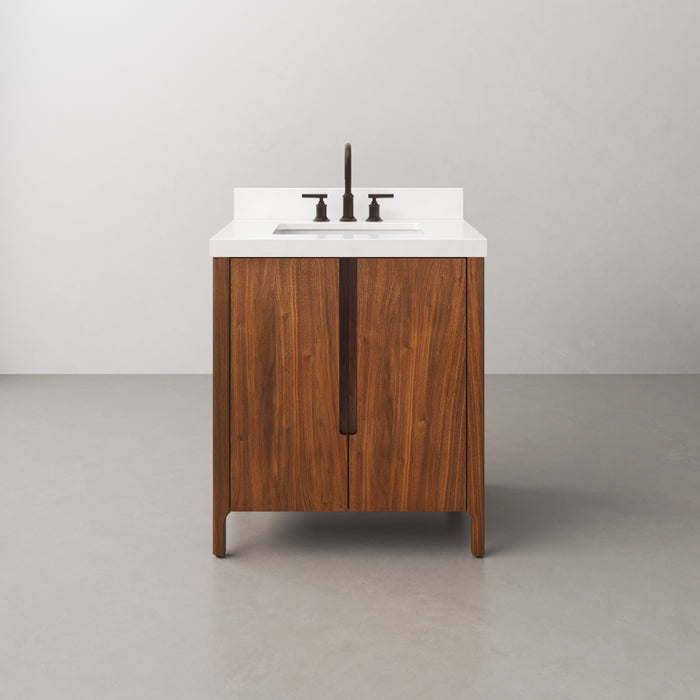 30-Inch Amish Single Sink Bathroom Vanity Noir Juglans Wood Mid-Century with Whitebrook Quartz Top Soft-Close Doors