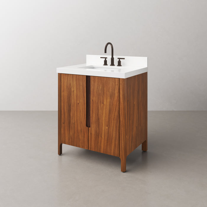 30-Inch Amish Single Sink Bathroom Vanity Noir Juglans Wood Mid-Century with Whitebrook Quartz Top Soft-Close Doors