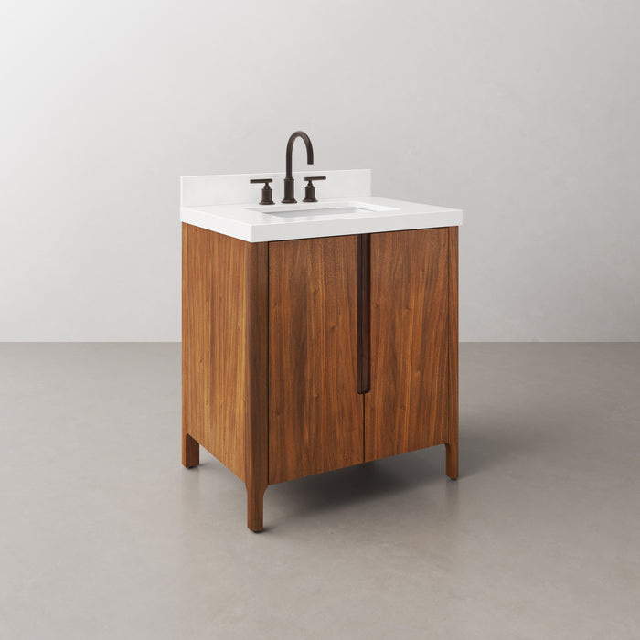 30-Inch Amish Single Sink Bathroom Vanity Noir Juglans Wood Mid-Century with Whitebrook Quartz Top Soft-Close Doors