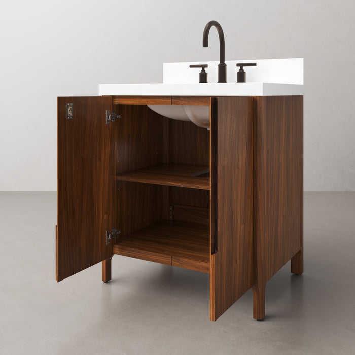 30-Inch Amish Single Sink Bathroom Vanity Noir Juglans Wood Mid-Century with Whitebrook Quartz Top Soft-Close Doors