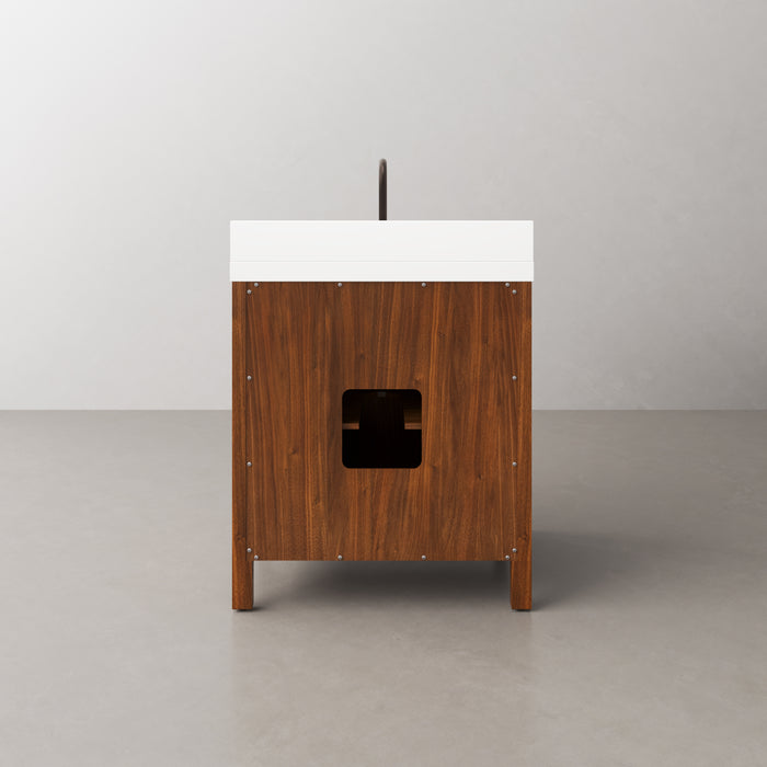 30-Inch Amish Single Sink Bathroom Vanity Noir Juglans Wood Mid-Century with Whitebrook Quartz Top Soft-Close Doors
