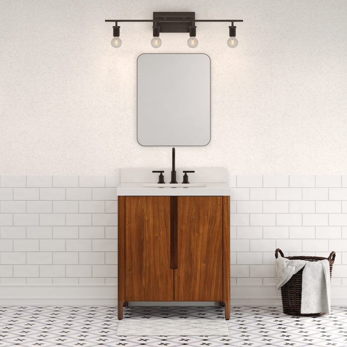 30-Inch Amish Single Sink Bathroom Vanity Noir Juglans Wood Mid-Century with Whitebrook Quartz Top Soft-Close Doors