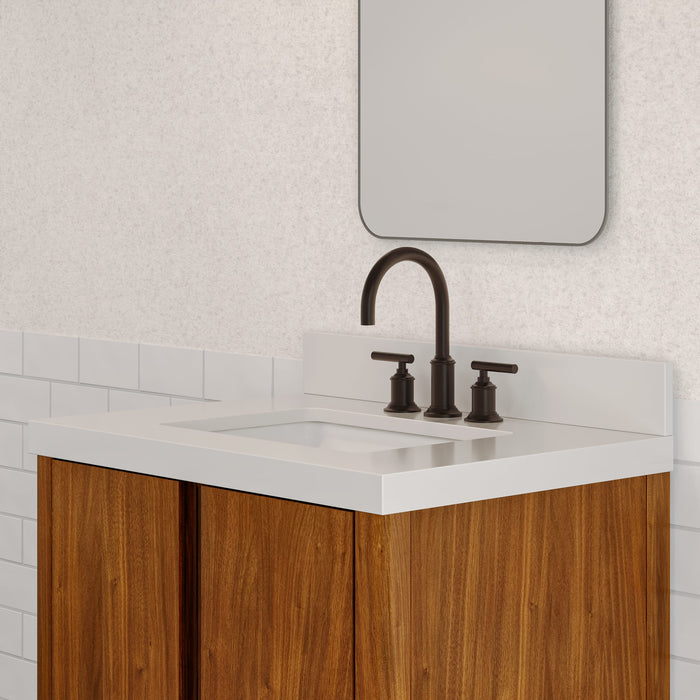 30-Inch Amish Single Sink Bathroom Vanity Noir Juglans Wood Mid-Century with Whitebrook Quartz Top Soft-Close Doors