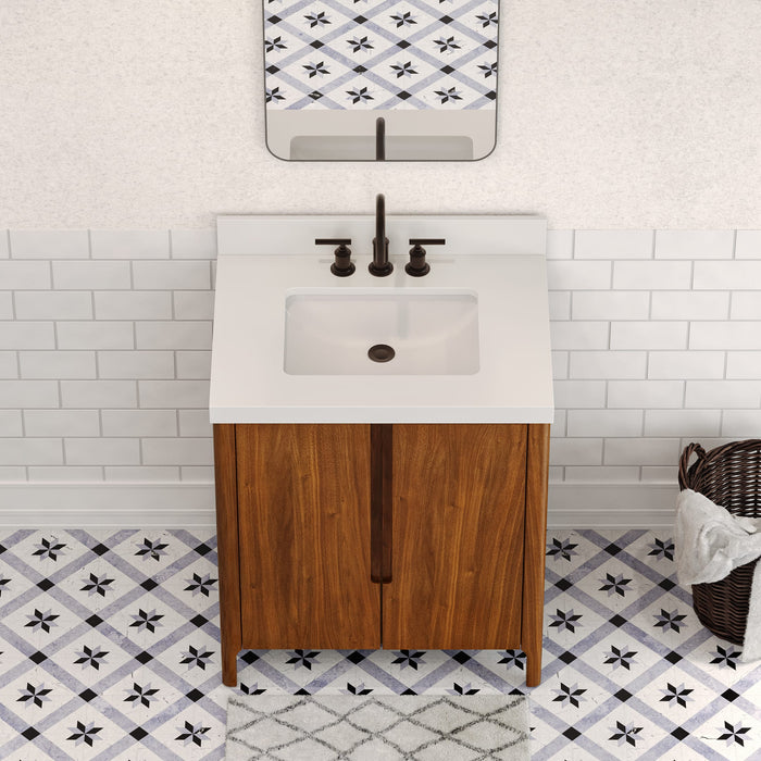 30-Inch Amish Single Sink Bathroom Vanity Noir Juglans Wood Mid-Century with Whitebrook Quartz Top Soft-Close Doors