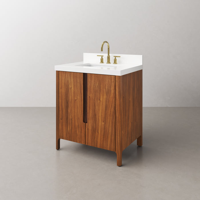 30-Inch Revolve Single Sink Vanity - Whitebrook Quartz Top Modern Bathroom Vanity in Noir Juglans with Satin Gold Faucet