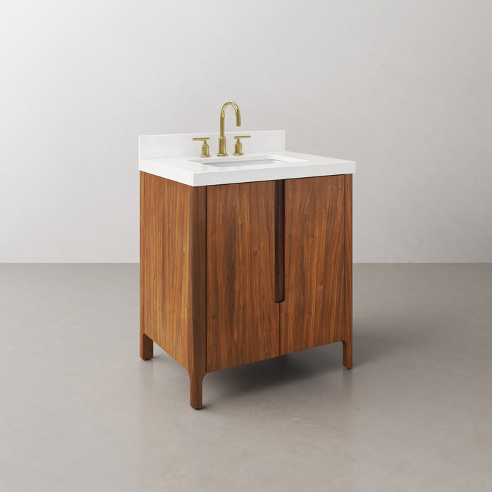 30-Inch Revolve Single Sink Vanity - Whitebrook Quartz Top Modern Bathroom Vanity in Noir Juglans with Satin Gold Faucet