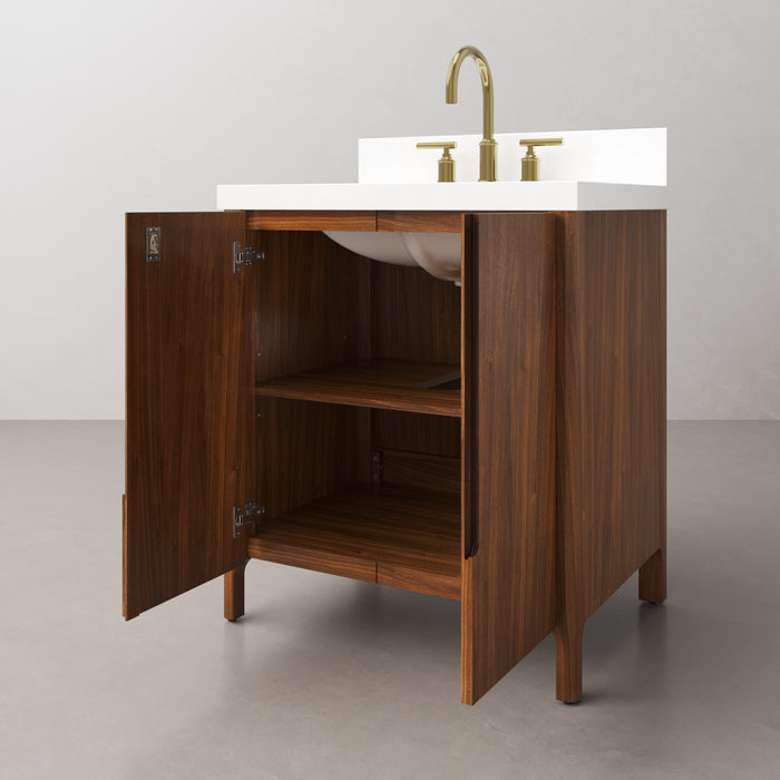 30-Inch Revolve Single Sink Vanity - Whitebrook Quartz Top Modern Bathroom Vanity in Noir Juglans with Satin Gold Faucet