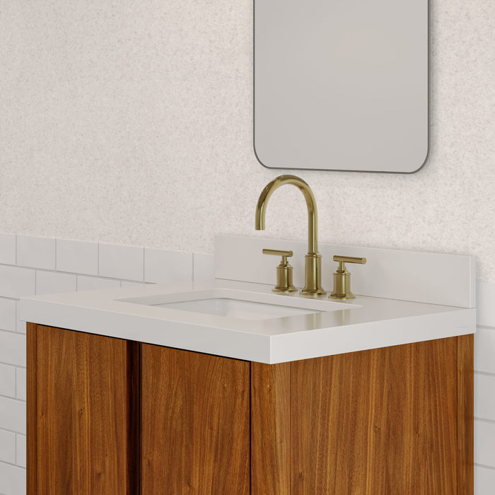 30-Inch Revolve Single Sink Vanity - Whitebrook Quartz Top Modern Bathroom Vanity in Noir Juglans with Satin Gold Faucet