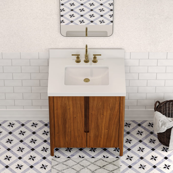 30-Inch Revolve Single Sink Vanity - Whitebrook Quartz Top Modern Bathroom Vanity in Noir Juglans with Satin Gold Faucet